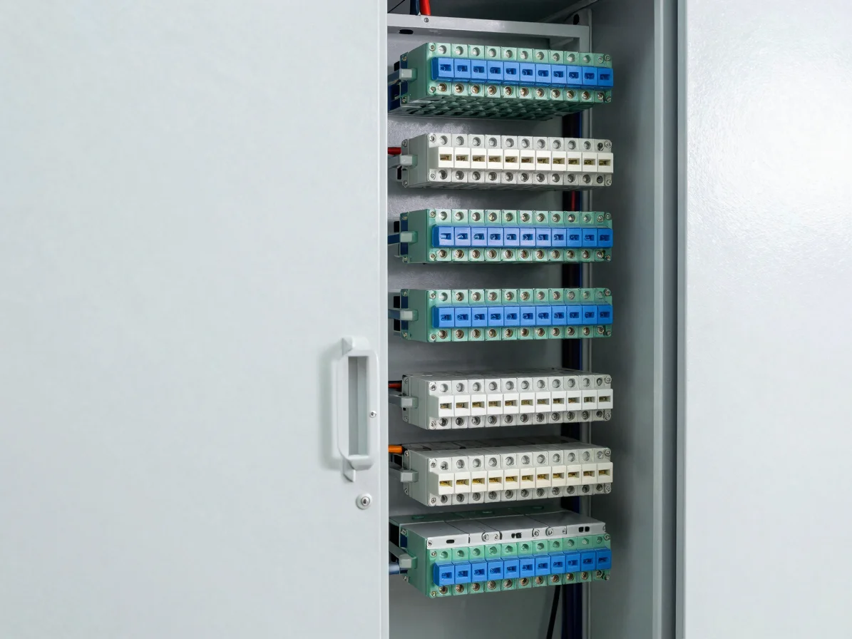 Industrial energy storage hardware cabinet elevation, clean technical contrast, sharp focus on terminal interfaces.
