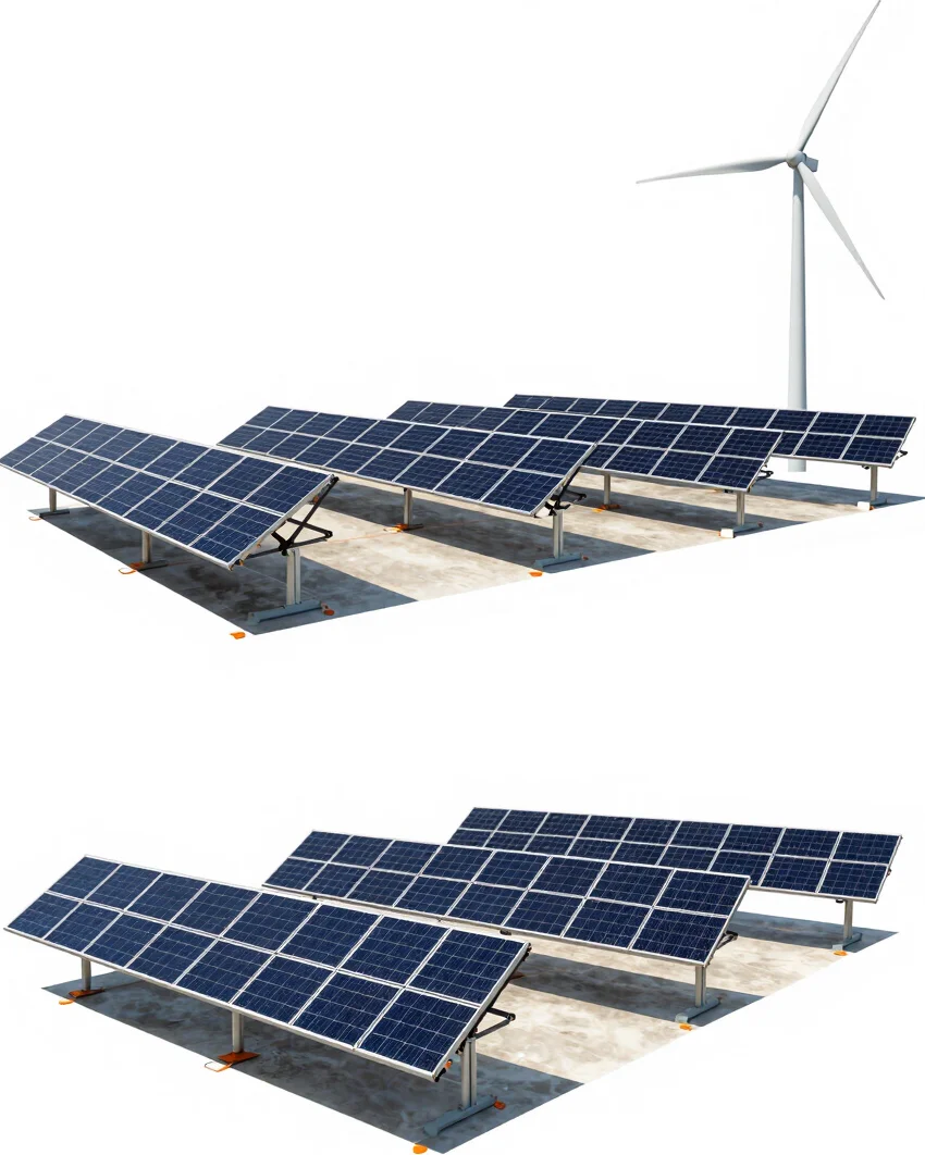Wide industrial solar photovoltaic arrays and wind turbine integration racks under bright studio lighting, technical cla