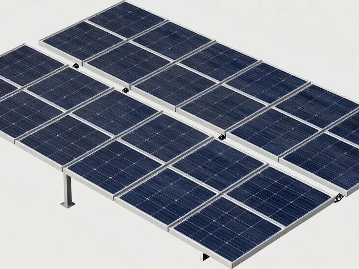 Isometric industrial solar panel array cutout on clean neutral background, crisp lighting