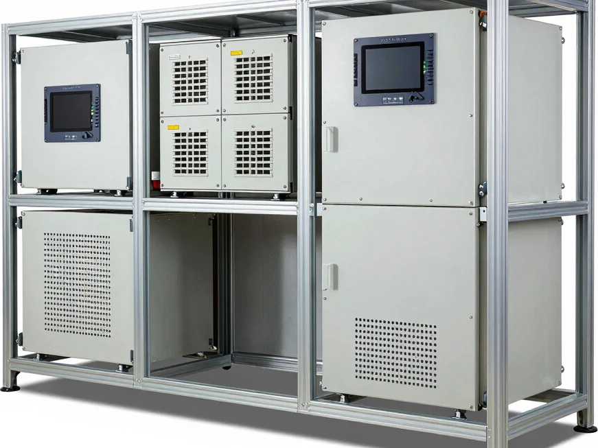 Modular industrial wind turbine generation controller rack, high-key studio lighting