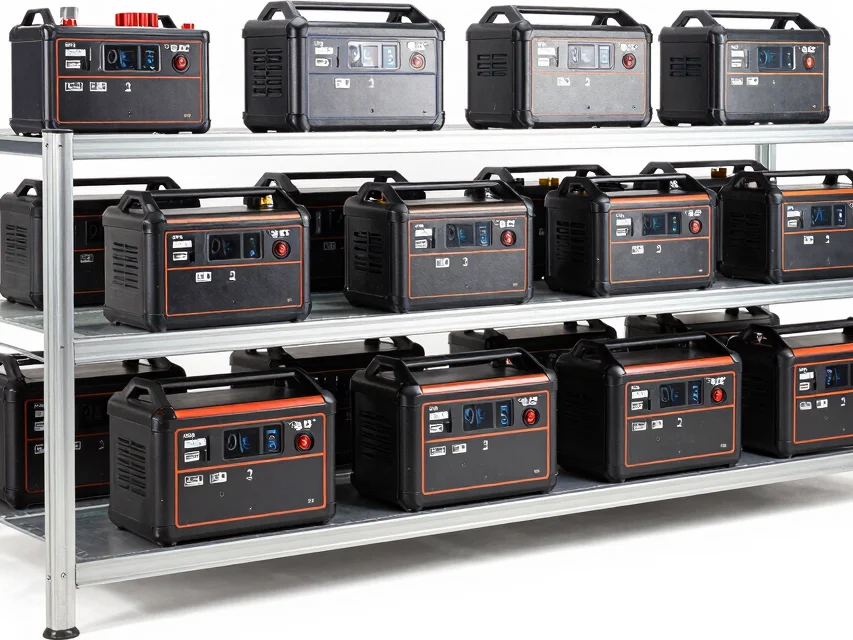 Modular lithium battery racks and portable industrial power units, technical clarity, high-key studio lighting