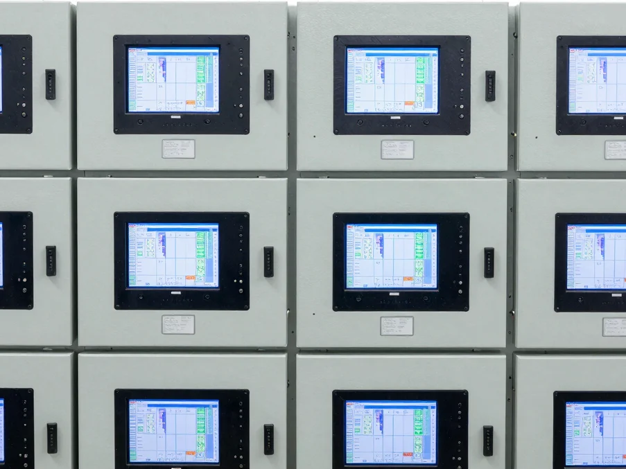 Close-up terminal interfaces on high-capacity energy storage cabinets, crisp industrial studio setting
