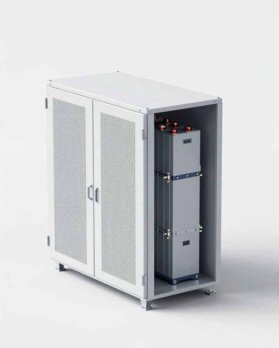 Isometric cutout of a sleek modular lithium iron phosphate residential battery cabinet against a stark neutral backgroun