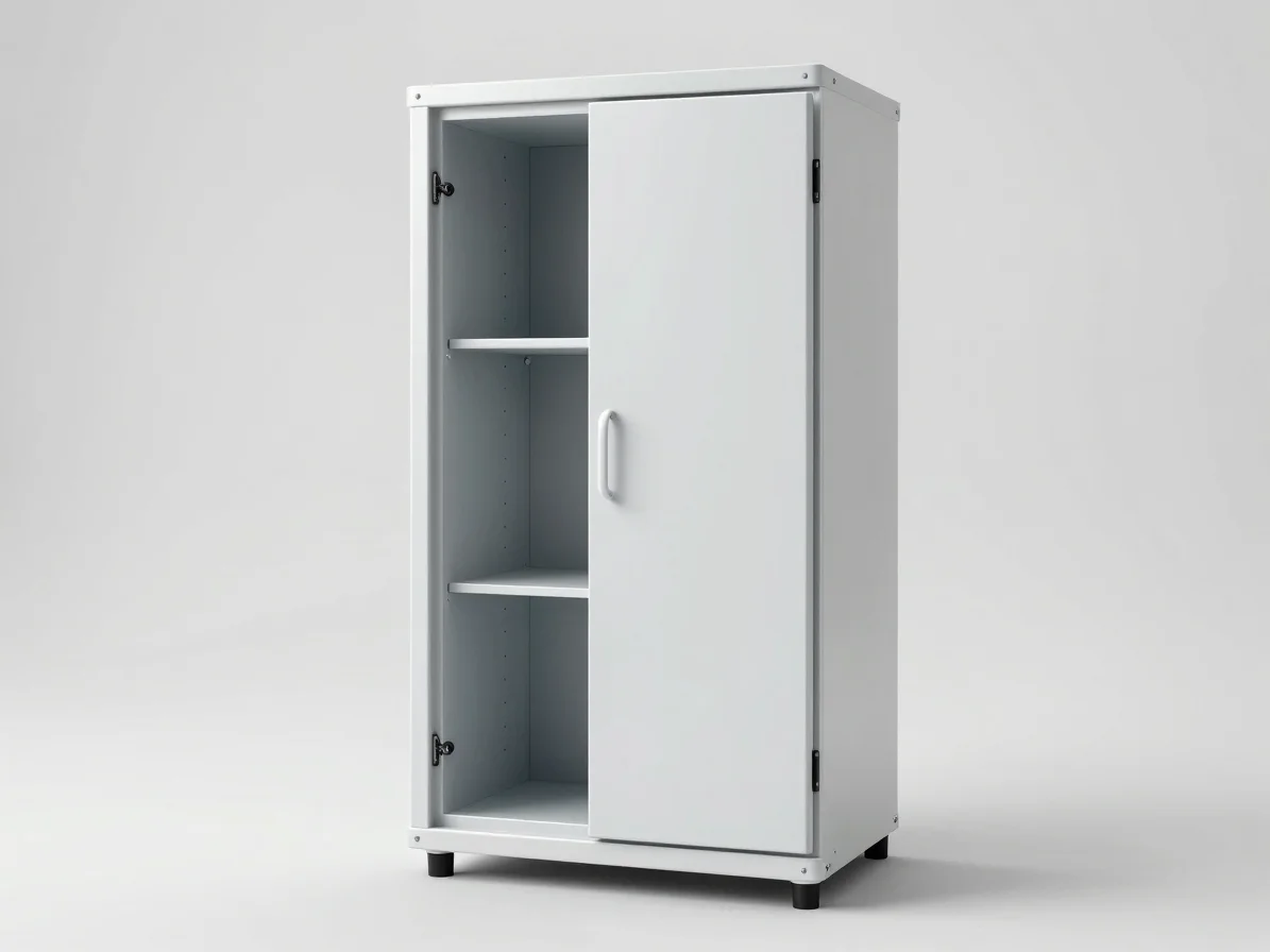 Front-facing cabinet elevation of a wall-mounted residential lithium storage module, clean technical contrast, neutral s