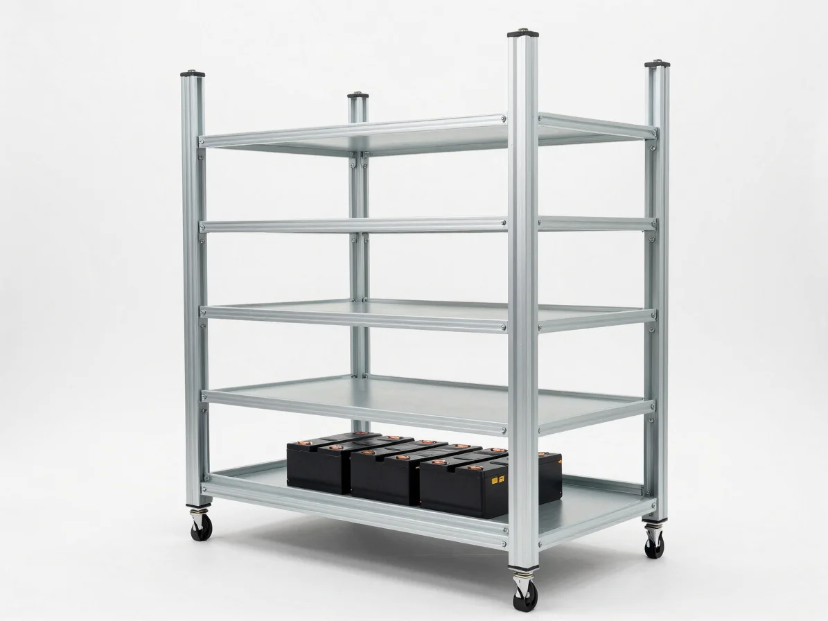 Modular stackable lithium battery rack installation in a clean utility room setting, bright high-key studio light, sharp
